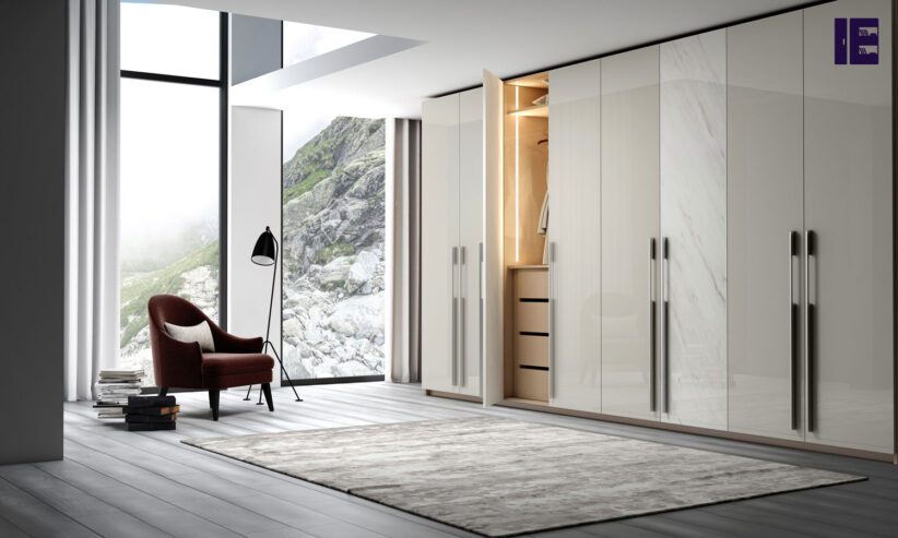 Fitted-Hinged-wardrobe-with-long-handle-in-light-grey-gloss-and-white-gloss-levanto-stone-finish-1-1
