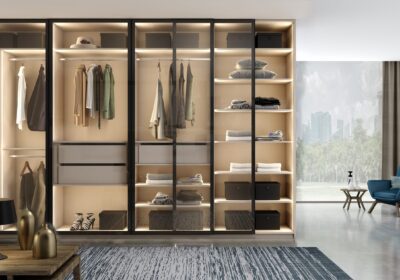 Glass-framed-sliding-door-wardrobe-with-dark-aluminium-frame-and-clear-glass-front