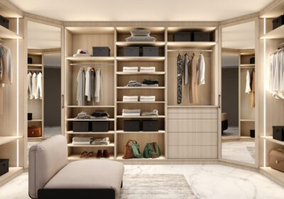 Modern-walk-in-fitted-wardrobe-in-sab-oak-finishle-light-woodgrain-finish-with-framed-mirror-corner-wardrobe-1