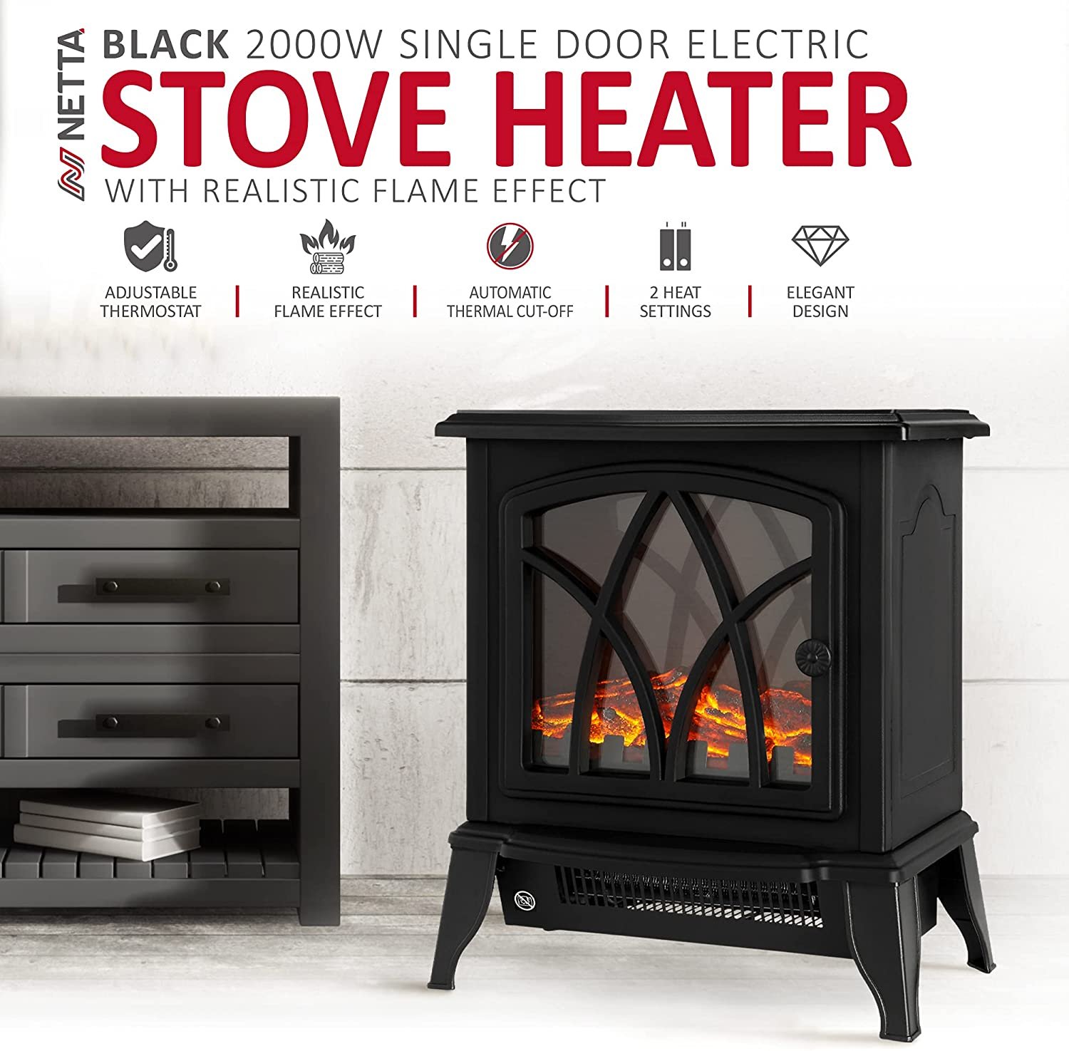NETTA Electric Fireplace Stove Heater With Realistic LED Flame Effect