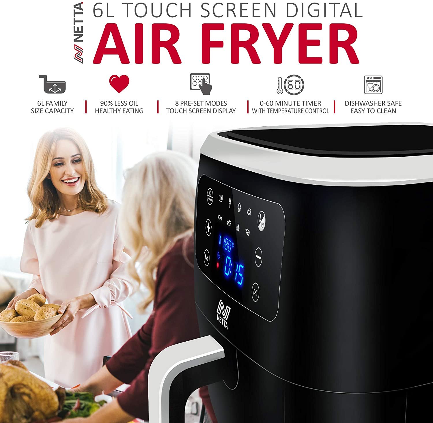 6L Digital Air Fryer Large Family Size With Non-Stick Frying Tray