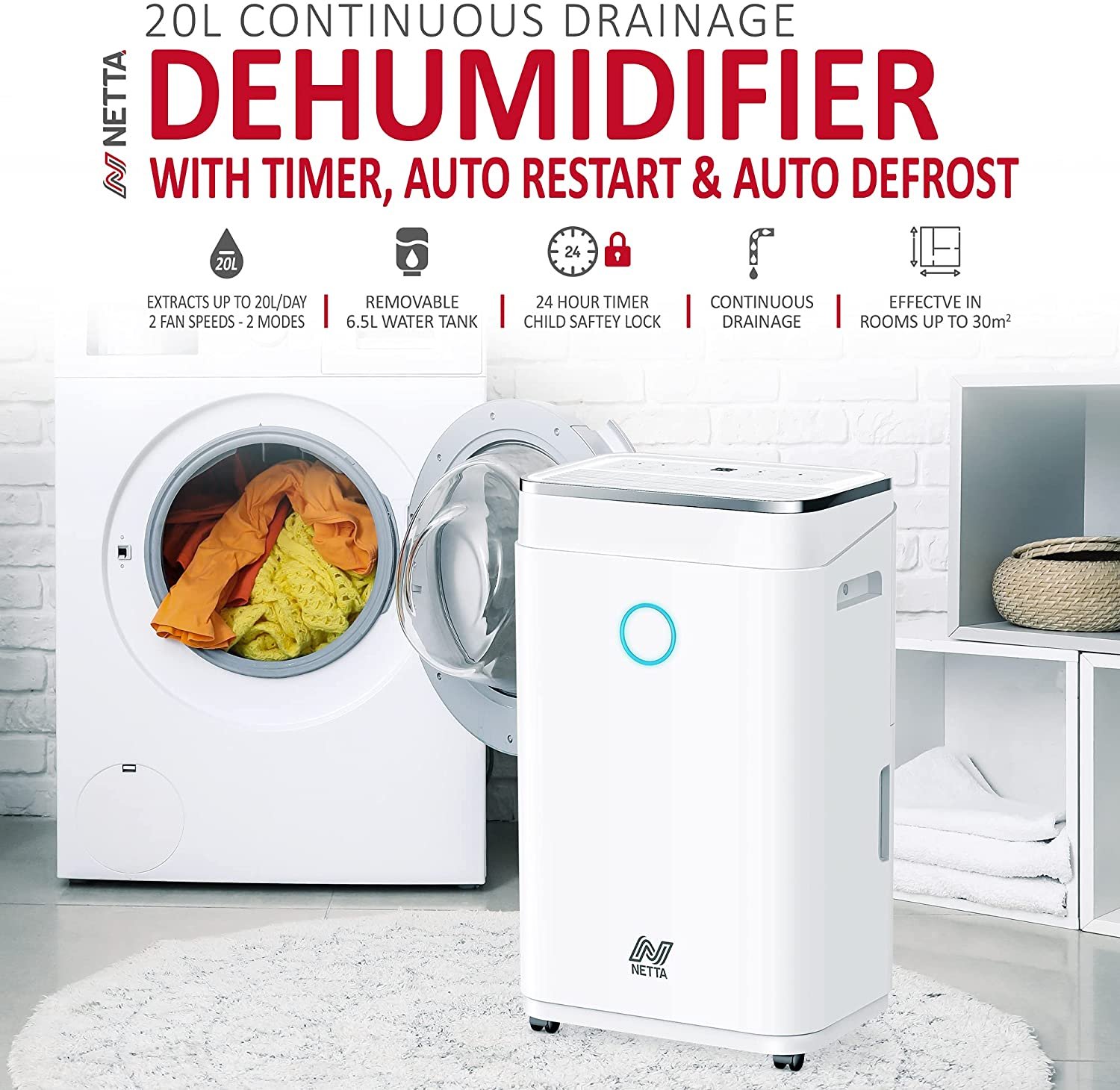 Smart Dehumidifier 20L Digital Control Panel For Damp, Mould Control