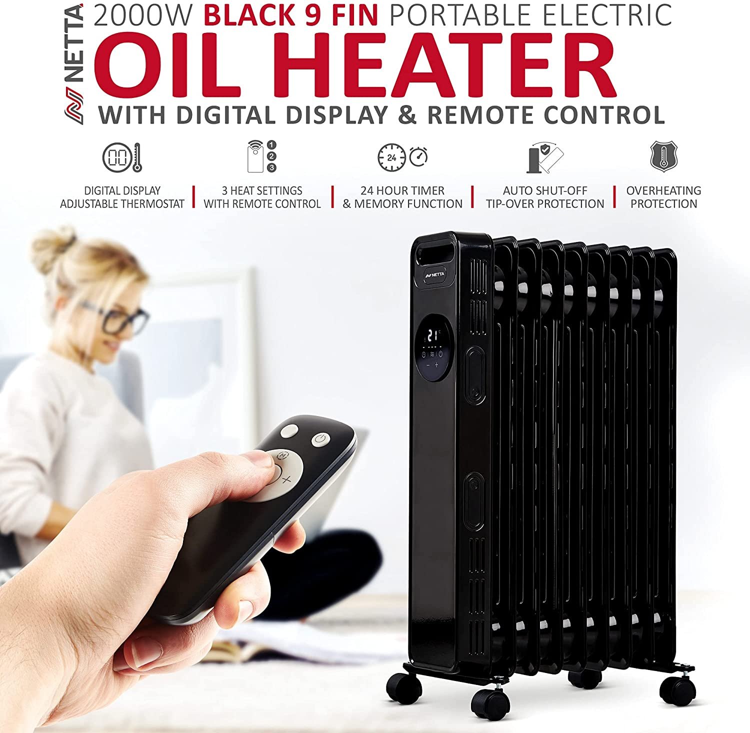 NETTA Digital Oil Filled Radiator Heater With Timer Remote Control