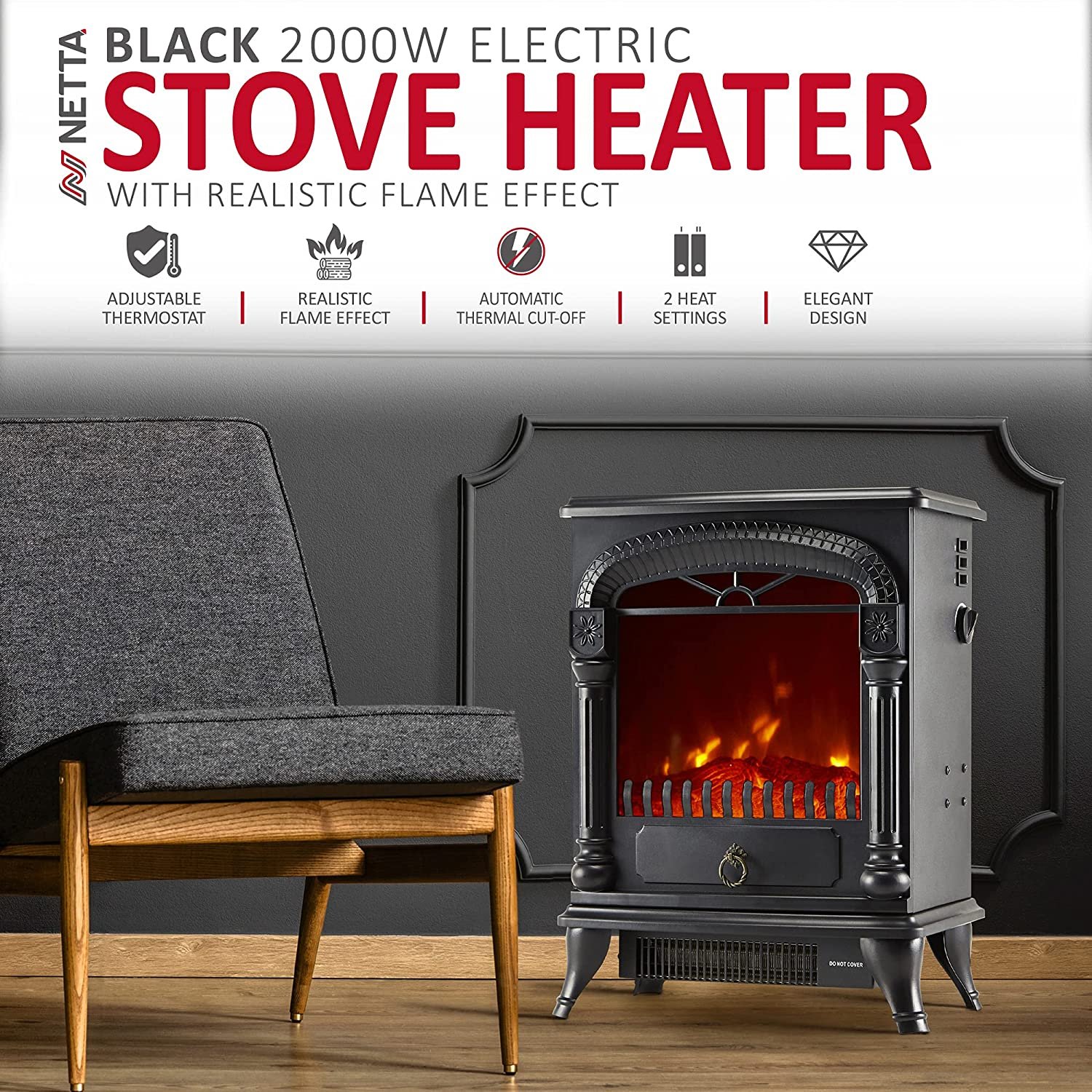 Large Electric Fireplace Stove Heater With Burning Effect Flame