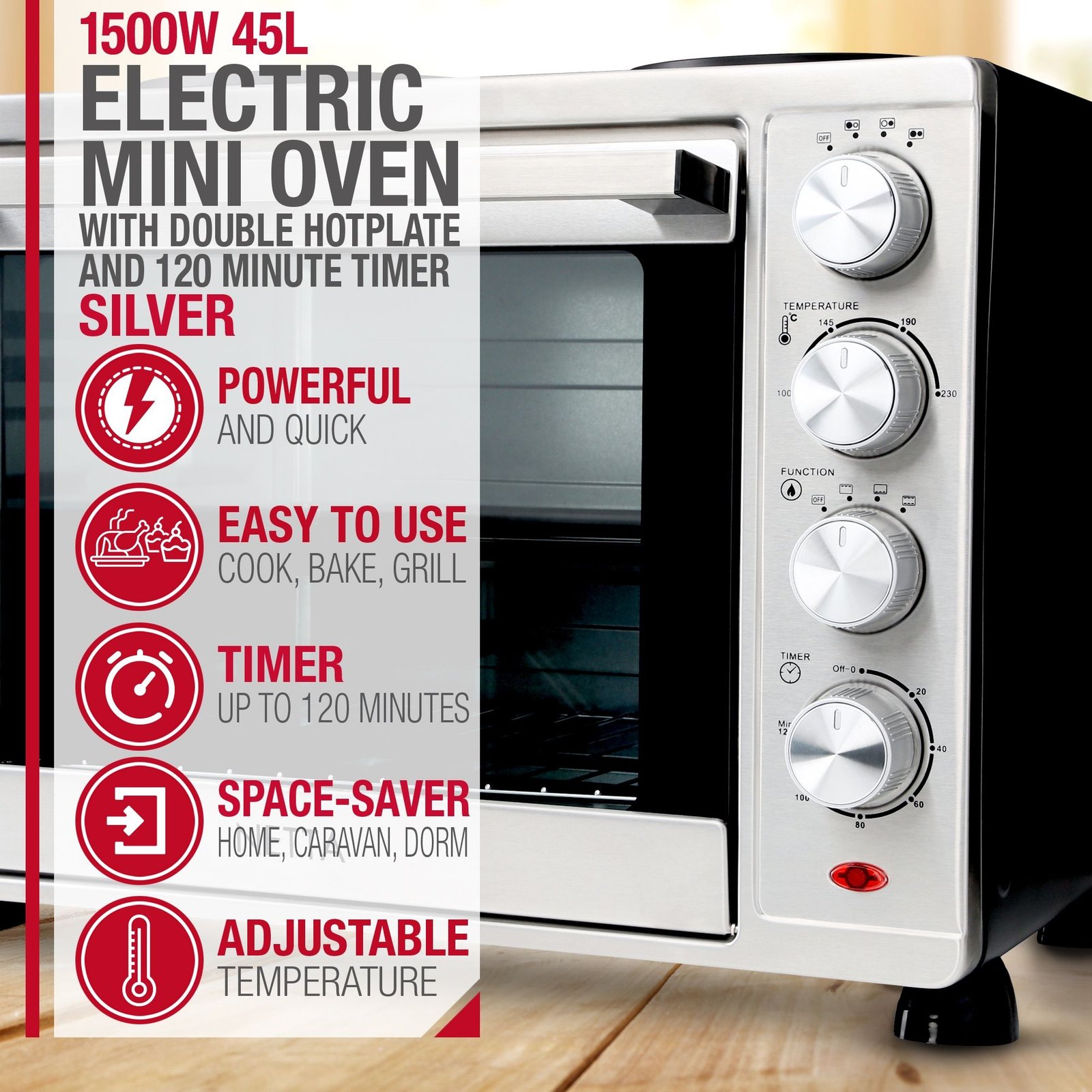 NETTA 45L Mini Oven With Dual Hot Plates & Grill Baking Cooking