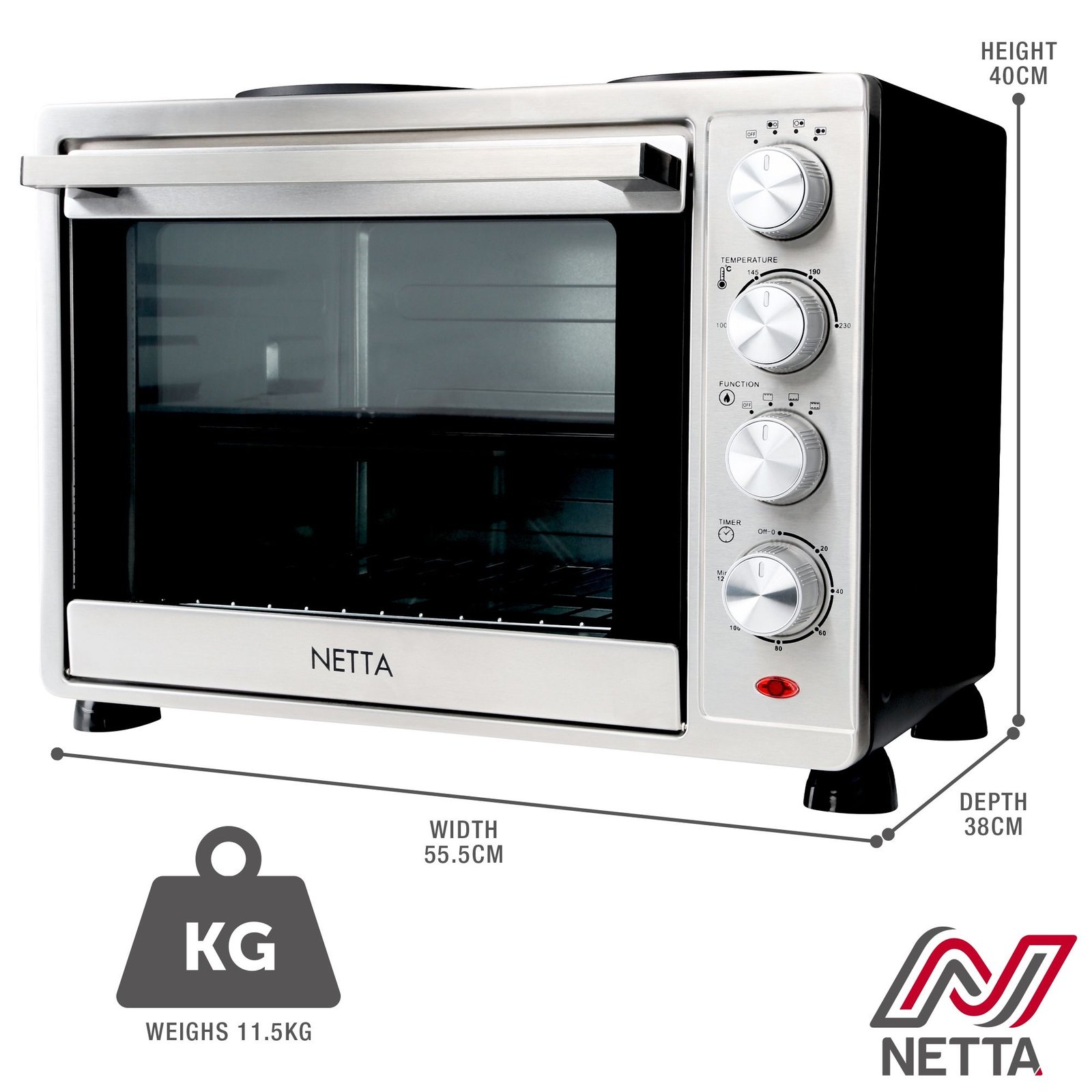 NETTA 45L Mini Oven With Dual Hot Plates & Grill Baking Cooking