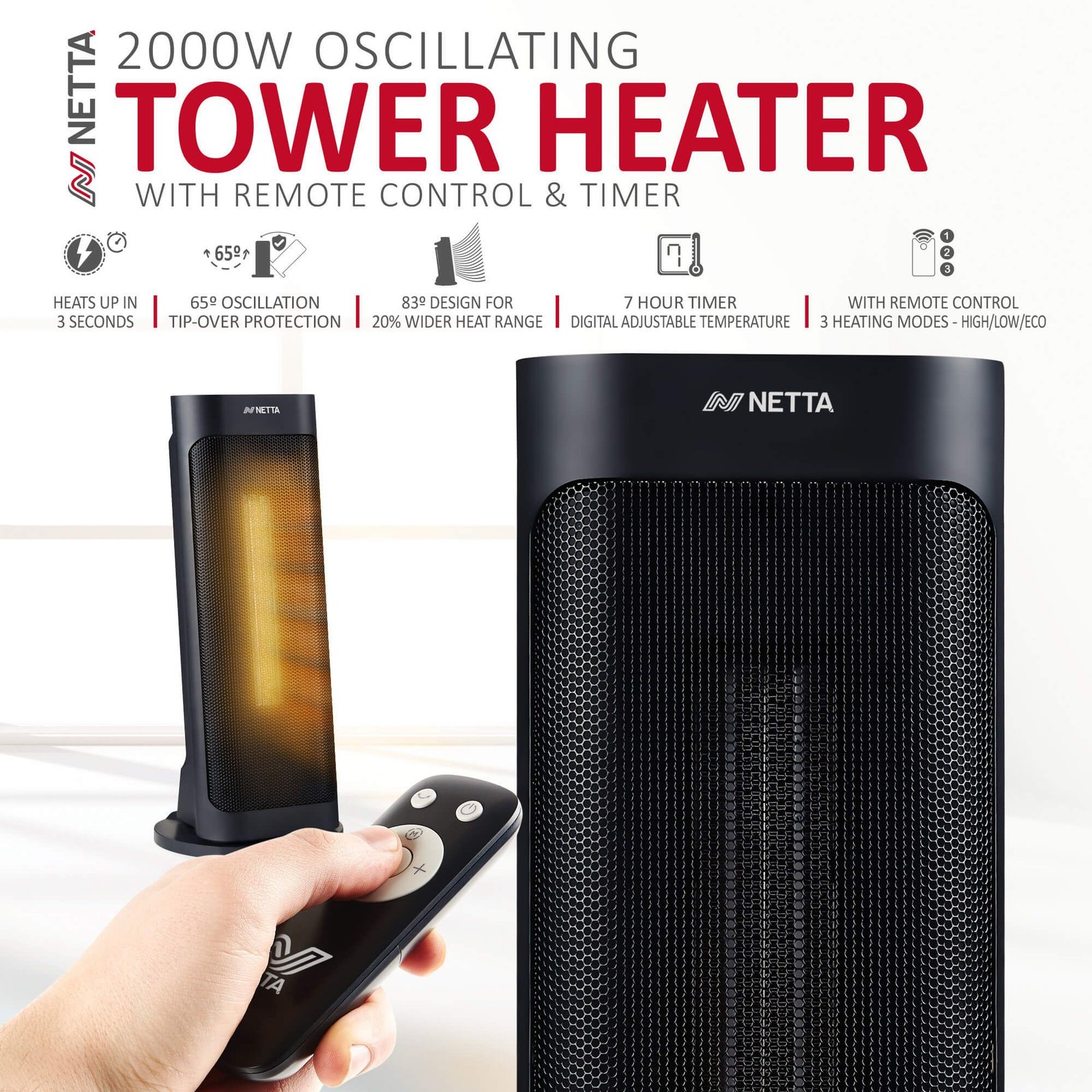 Fast Heating Ceramic Portable Tower Heater with Timer & Remote Control