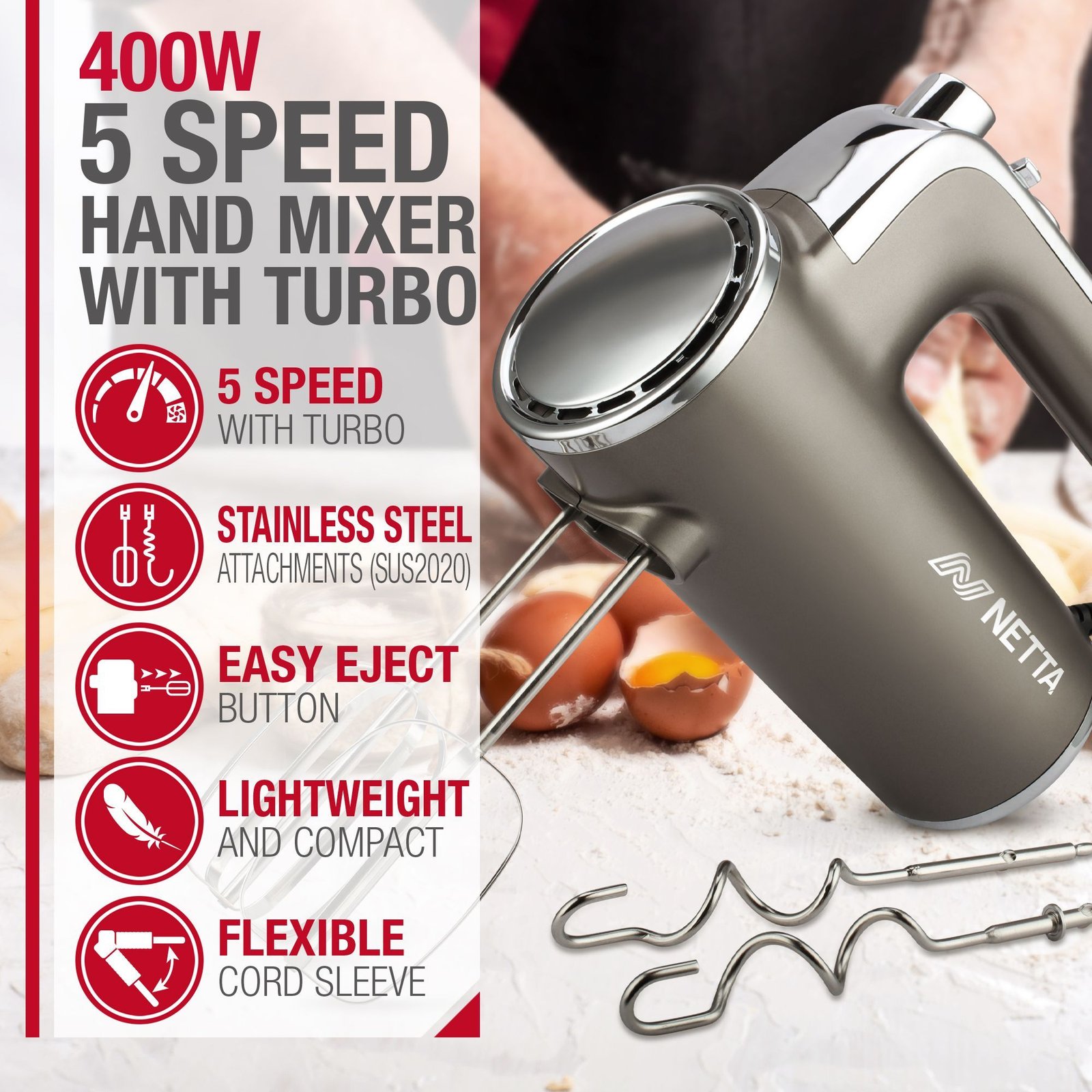 5 Speed Hand Mixer With Turbo, Whisks and Dough Hooks