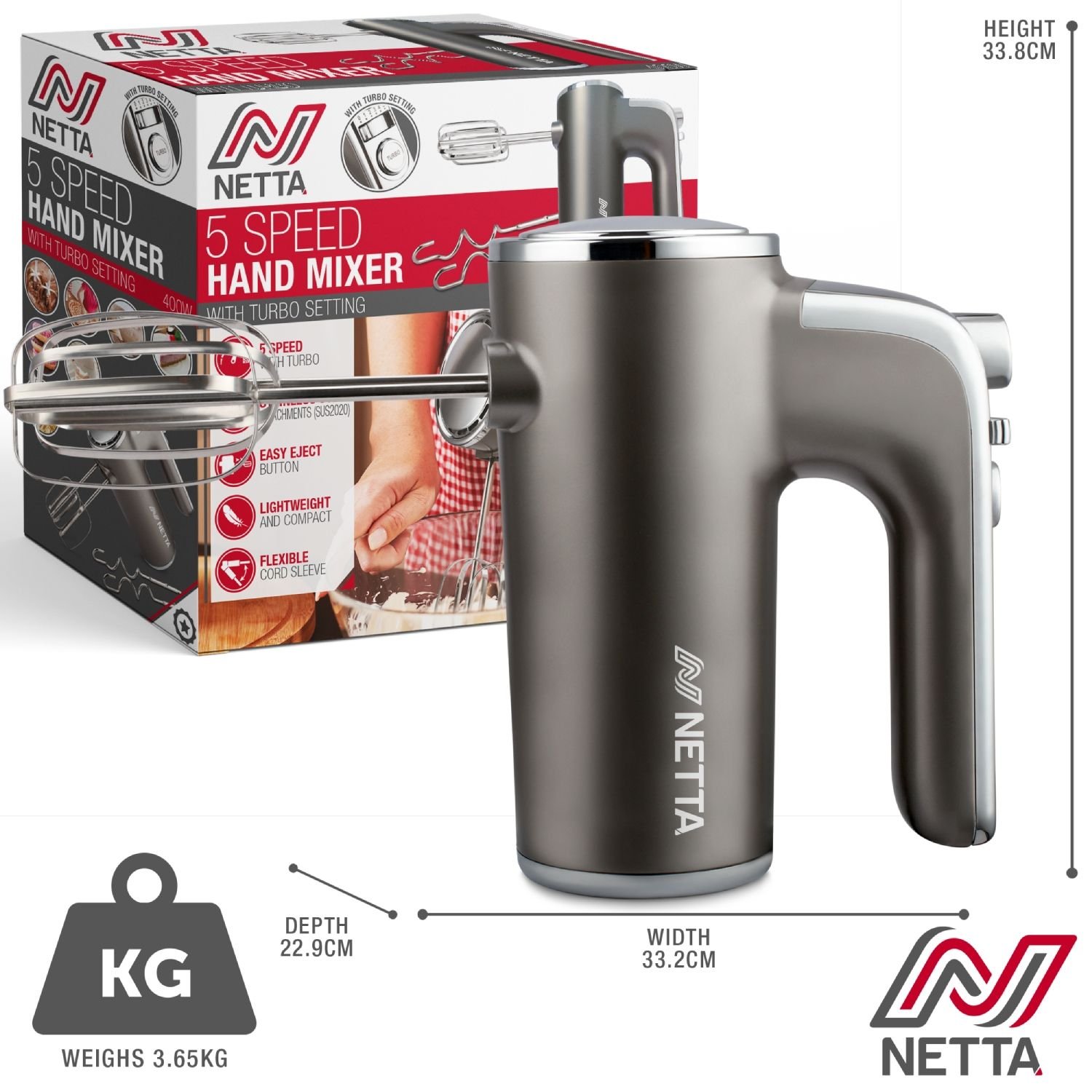 5 Speed Hand Mixer With Turbo, Whisks and Dough Hooks