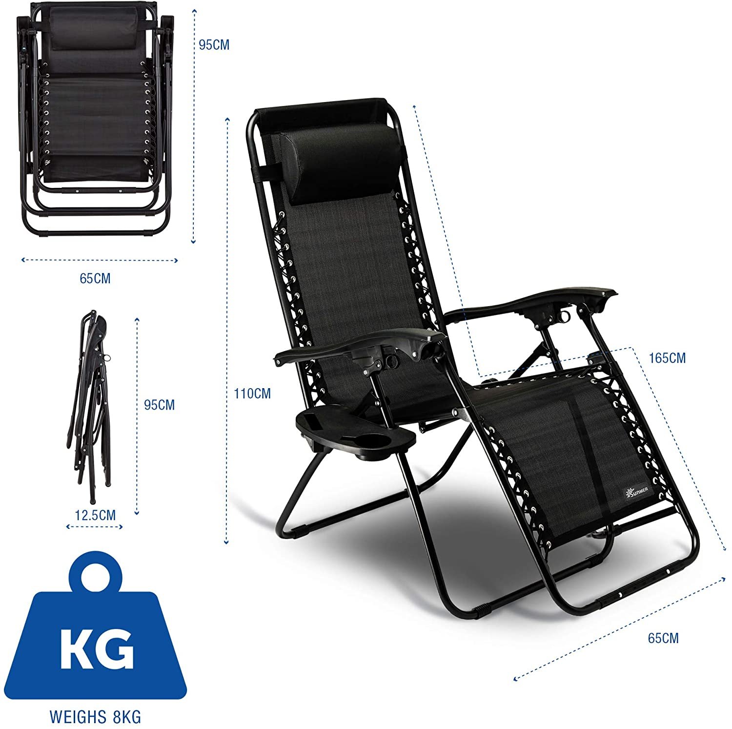 SUNMER Set of 2 Sun Lounger Garden Chairs With Cup And Phone Holder