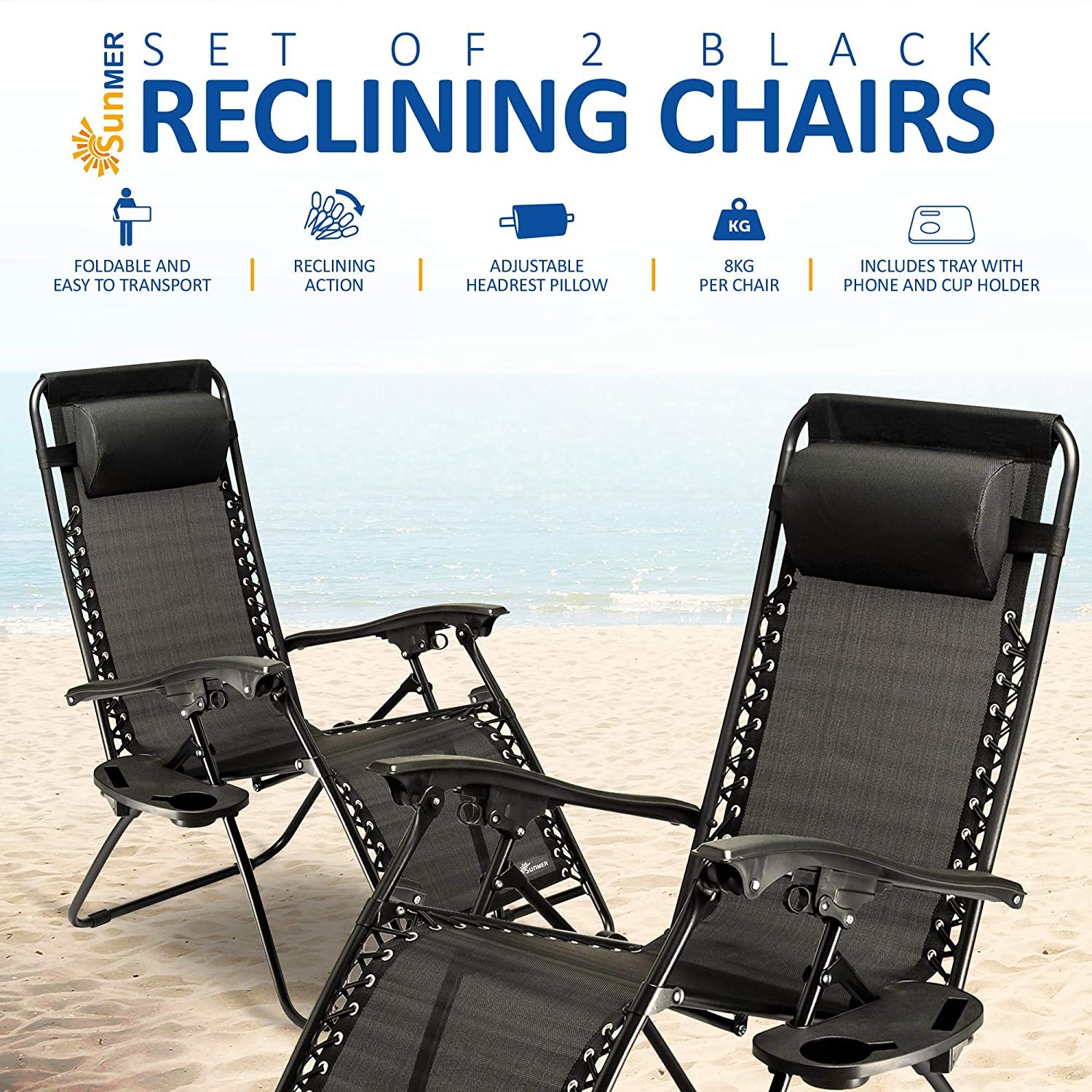SUNMER Set of 2 Sun Lounger Garden Chairs With Cup And Phone Holder