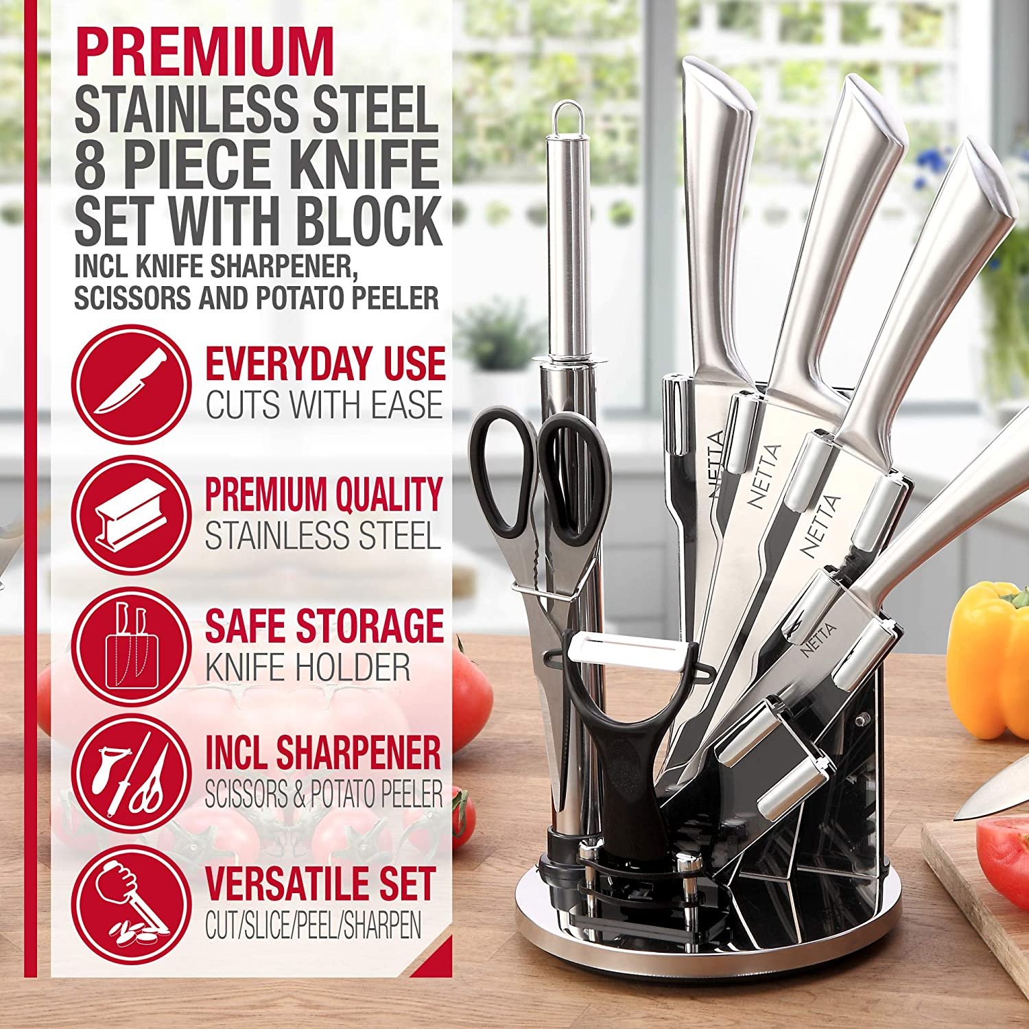 8 Piece Professional Kitchen Knife Set with Block