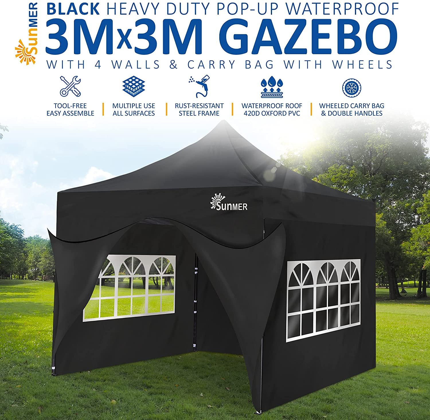 SUNMER Waterproof Heavy Duty Gazebo with 4 Sides Door and Windows