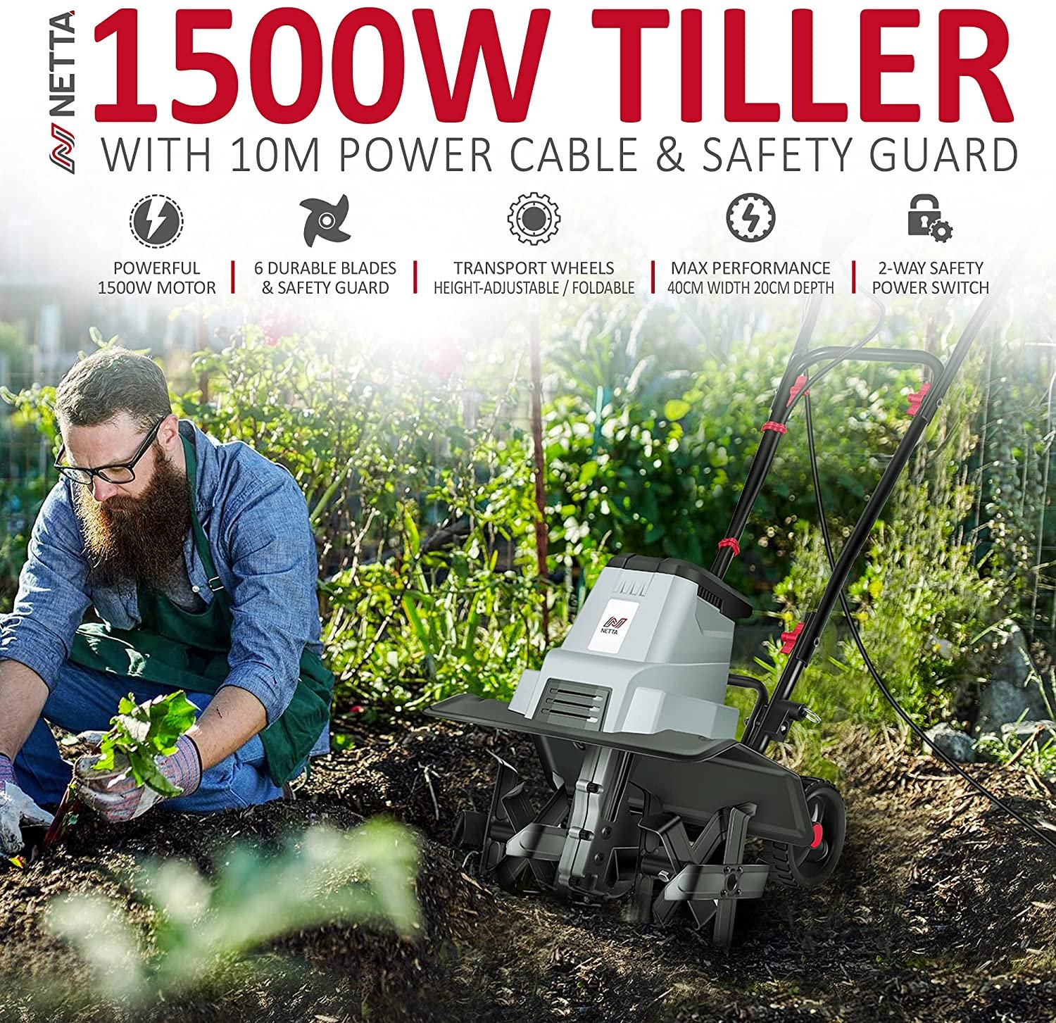 Corded Electric 1500W Tiller and Cultivator with 6 Blades