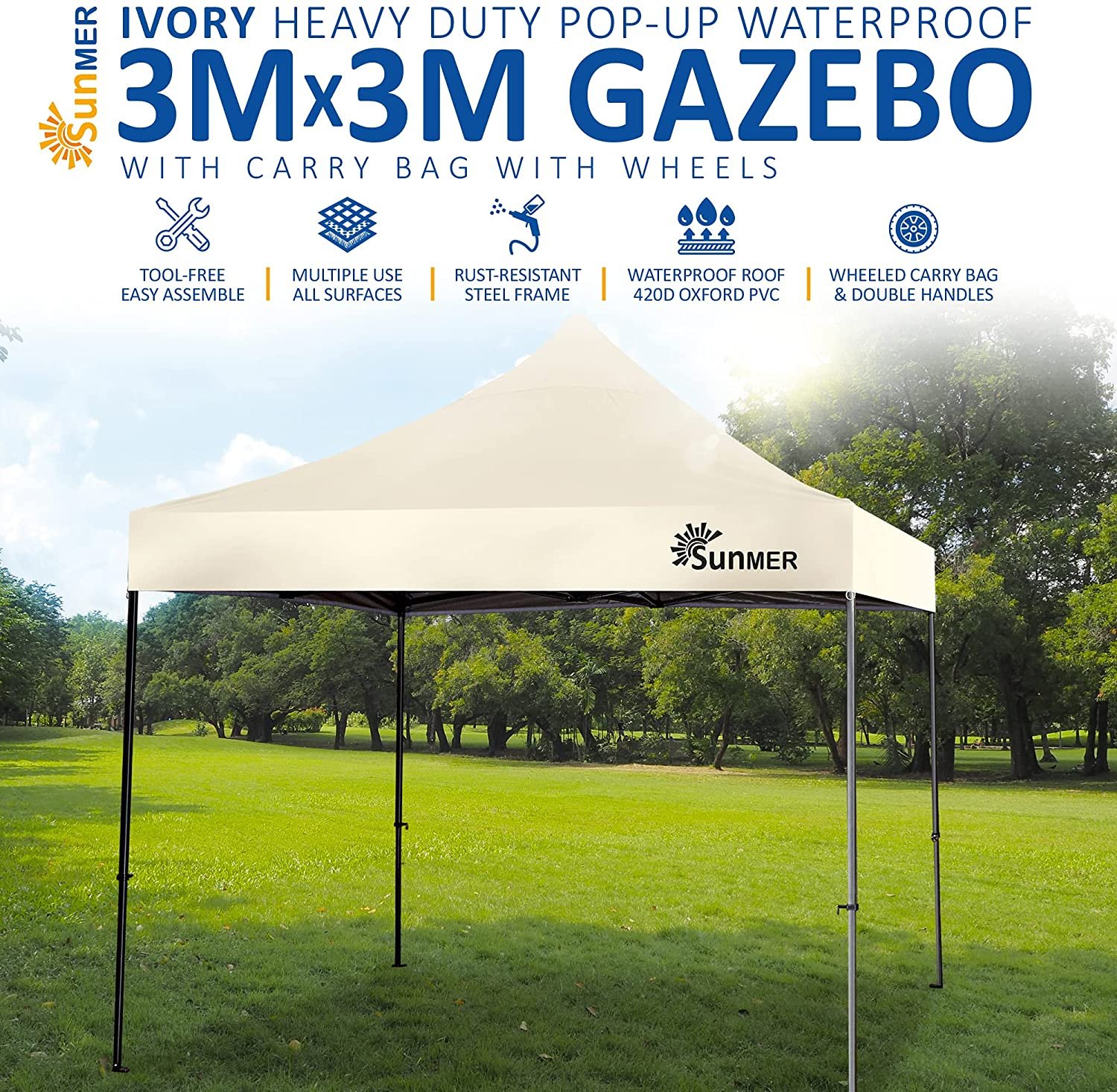 SUNMER Heavy Duty Waterproof Gazebo 3x3M Pop-Up