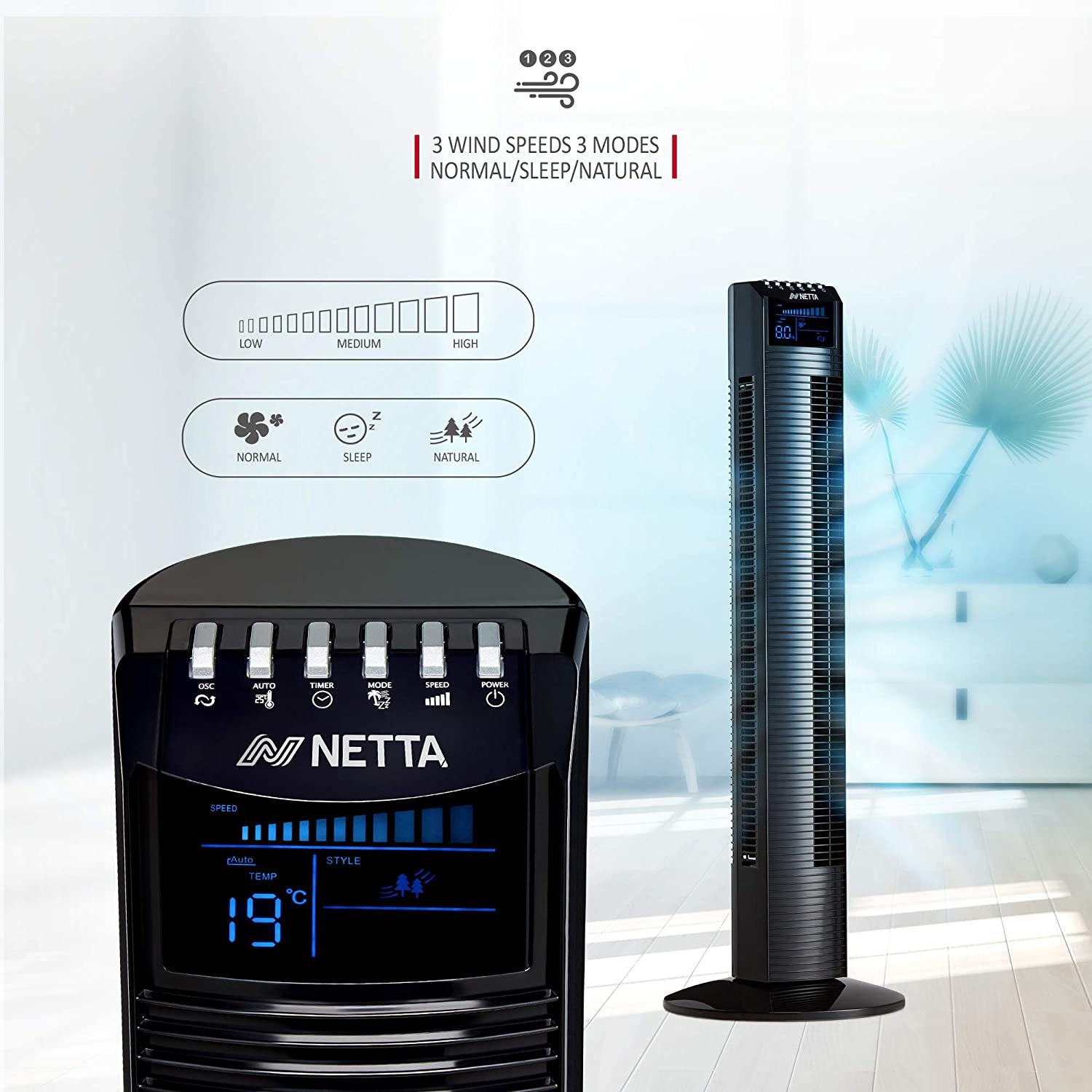 NETTA Tower Oscillating Fan LED Display with Remote Control