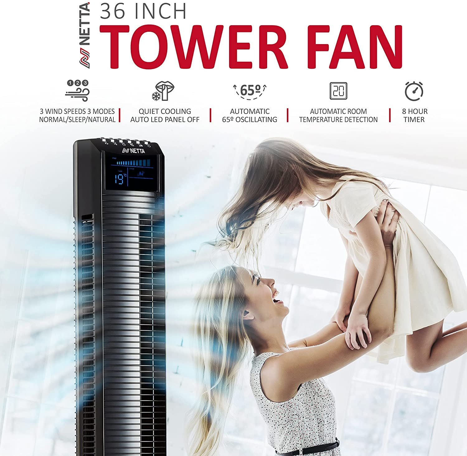 NETTA Tower Oscillating Fan LED Display with Remote Control