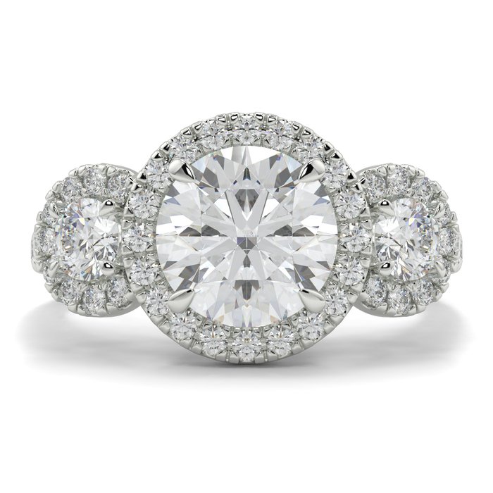 Buy Now – Round 3 Stone Sides Stone Halo Ring