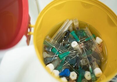 Sanitised bin for disposing of sharps from Trikon to reduce risks