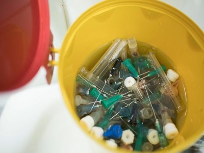 Sanitised bin for disposing of sharps from Trikon to reduce risks