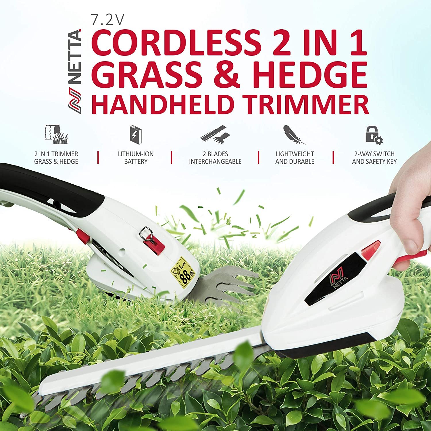 NETTA Cordless 7.2V 2 in 1 Grass and Hedge Trimmer